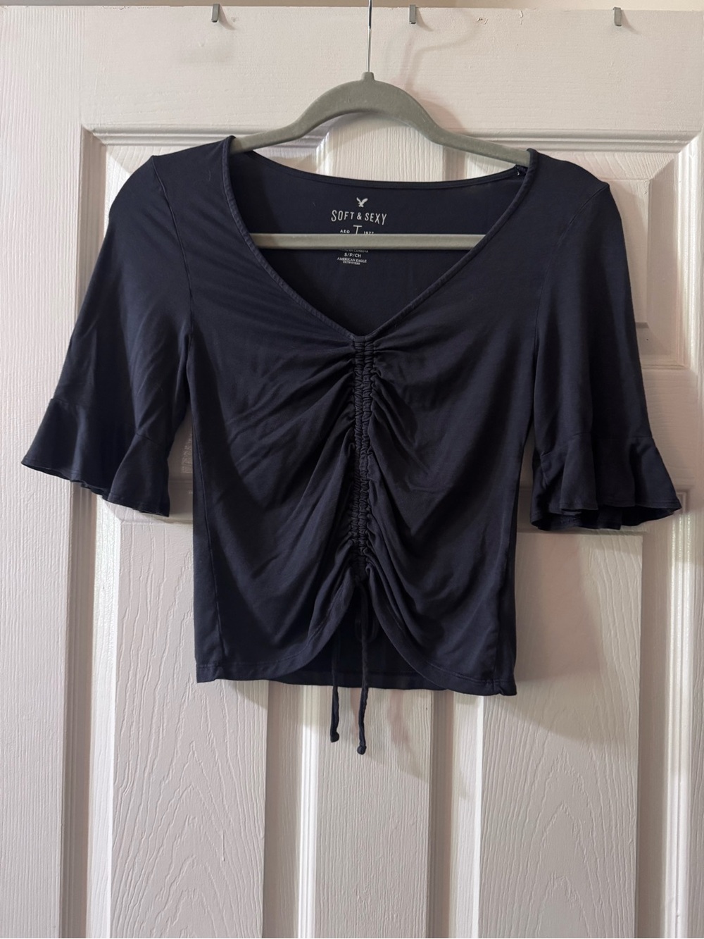 American Eagle Outfitters Navy Ruched Drawstring Crop Top